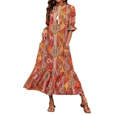 Women's Boho Print Maxi Dress - V-Neck Tassel Tie, Flutter Sleeve Ruffle Hem Flowy Long Dress