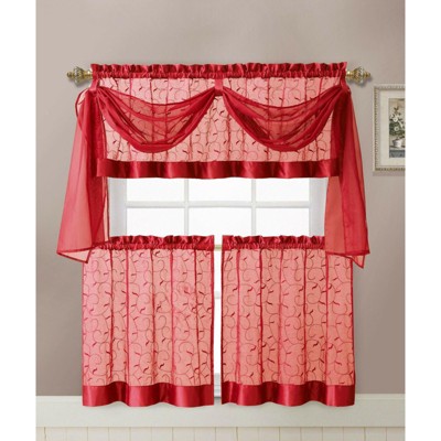 Kate Aurora Complete 4 Piece Linen Leaf Embroidered Complete Kitchen Curtain Set