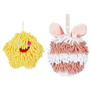 REGALWOVEN 2 Packs Fluffy Chenille Rabbit Shape Cute Soft Absorbent Hanging Ball Hand Towels 7" x 7" - 1 of 4