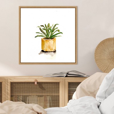 Potted Botanicals II Green Plant in Yellow Pot Canvas Art with Maple Frame