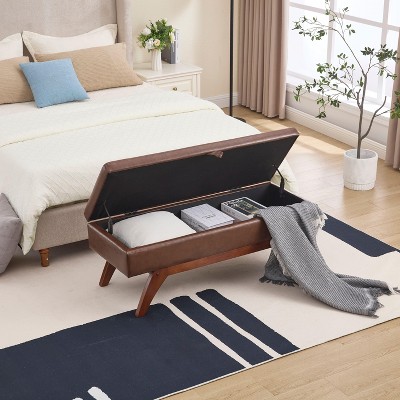 CAVINAS Modern Pull-Open Top Teddy/Leather Ottoman Bench with Wood Feet,Upholstered Storage Ottoman for Living Room