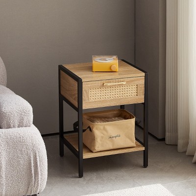 KTMBDW Nightstand - Rattan Decor Drawer Night Stand, Bedside Table Boho End Tables Side Tables with Storage Shelf for Bedroom, Small Space