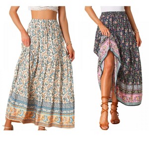 INSPIRE CHIC Women's Boho Casual Floral Printed Elastic Waist Maxi Skirts 2 Packs - 1 of 4