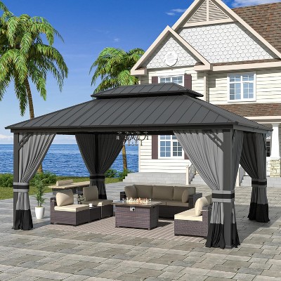 ALAULM Wall Mount Gazebo Outdoor Pergola, Hardtop Lean to Gazebo Canopy Awnings with Sloped Roof and Sturdy Steel Frame, for Patio, Deck, Backyard
