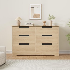 6 Drawer Dresser for Bedroom, Natural Modern Double Dresser Organizer with Embedded Handles Design, Wooden Chest of Drawers for Living Room - 1 of 4