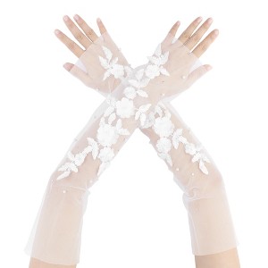 INSPIRE CHIC Women's Lace Floral Pearl Bowknot Polka Point Arm Fingerness Length Sleeves for Elegant Bridge Wedding Gloves 1 Pair - 1 of 4