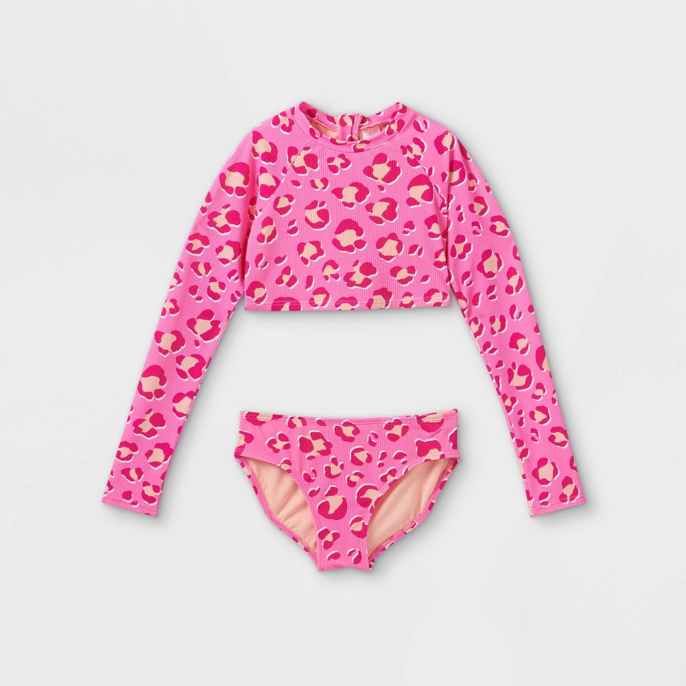 Girls' Leopard Print Long Sleeve Cropped 2pc Bikini Set - Cat & Jack Pink XXL