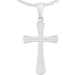 14k White Gold 1.1" Diamond Cut Classic Cross Charm Pendant with optional Adjustable Chain Necklace - 1 of 4