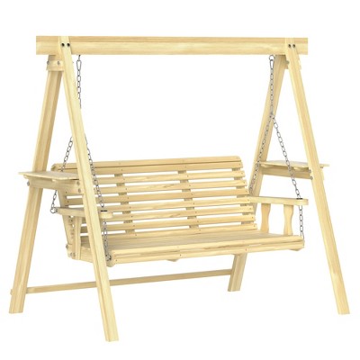 Natural Wood 3-Seat Porch Swing with Side Tables