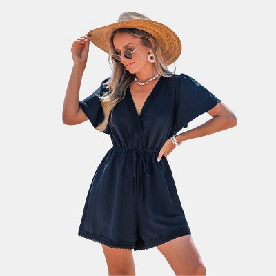 Women's Chic Navy Lace Trim Romper for Beach Getaways - Cupshe