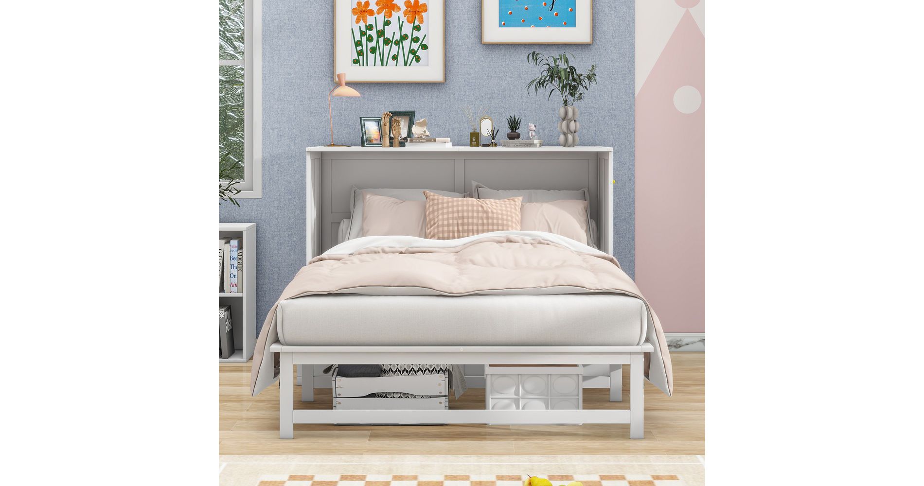 Whisen Queen Size Murphy Bed with Built-In Charging Station and a Shelf
