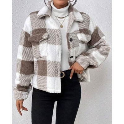 Coolmee Women's Flannels Cropped Shacket Jacket Fashion Plaid Button Down Fall Coat Tops