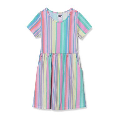 Girls Short Sleeve Gathered Waist Jersey Dress - Lands' End - Multi Colorful Stripe - S