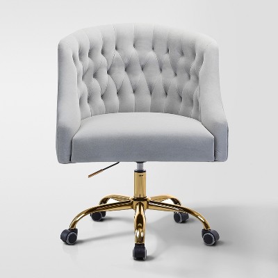 Anika Velvet Height-adjustable Swivel Task Office Chair with Button-tufted Back and Gold Base | Karat Home