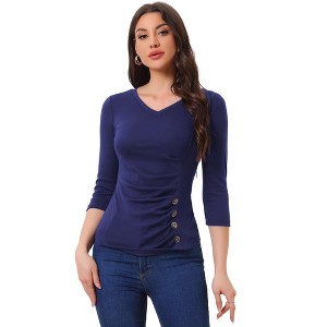 INSPIRE CHIC Women's V Neck 3/4 Sleeves Solid Knitted Buttons Decor Ruched Blouse - 1 of 4