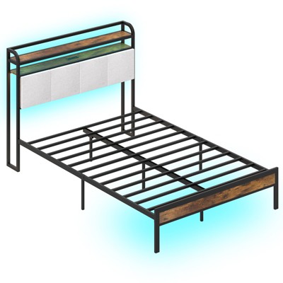 Safstar Full Size Bed Frame w/LED Light & Charging Station Heavy Duty Metal Platform Bed