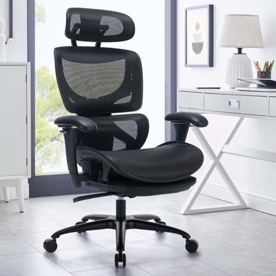Ergonomic Mesh Office Chair with Footrest, High Back Desk Chair with Wide Headrest, Adjustable 3D Arms, Tilt Lock, Lumbar Support - Grey