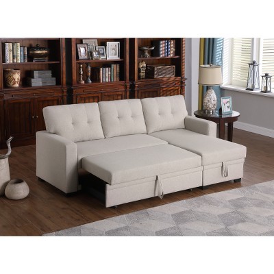 Dolonm Upholstered Pull-Out Sectional Sofa with Storage Chaise, Converts to Twin Sleeper, Removable Back Cushions