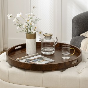 KINWELL Round Black Walnut Wood Serving Tray Ottoman Tray with Handles - 1 of 4