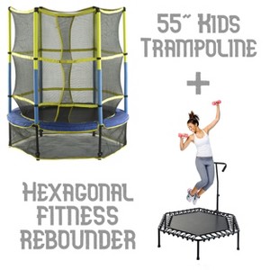55" Mini Kids Trampoline + Hexagonal Fitness Rebounder with Handrail - Family Set for Children & Adults - 1 of 4