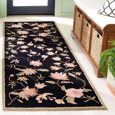 Handmade Black Floral Wool Runner Rug, 2'6" x 10'
