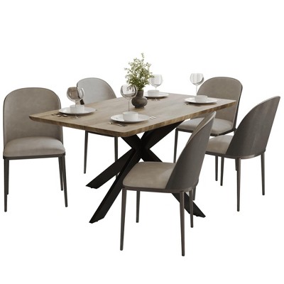 LeisureMod Ravenna 6-Piece Dining Set - 63" Rectangular MDF Wood Dining Table, 5 Leather Dining Chairs