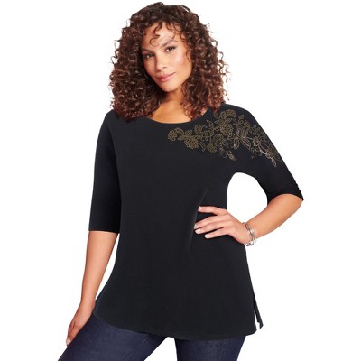 Roaman's Women's Plus Size Three Quarter Sleeve Embellished Tunic