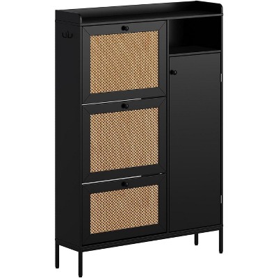 Rattan Shoe Cabinet, 3 Tier Shoe Cabinet with Flip Drawers, Free Standing Narrow Shoe Storage Organizer with Adjustable Shelves