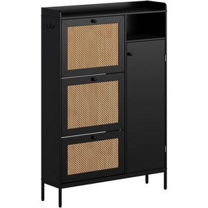Rattan Shoe Cabinet, 3 Tier Shoe Cabinet with Flip Drawers, Free Standing Narrow Shoe Storage Organizer with Adjustable Shelves - 1 of 4