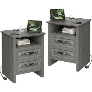 Amada 2 Pack Farmhouse Nightstand with Charging Station, 18.9 Inch Wide Bedside Table with 2 Drawers, USB, 2 AC Outlets, End Table for Bedroom, Gray - 1 of 4