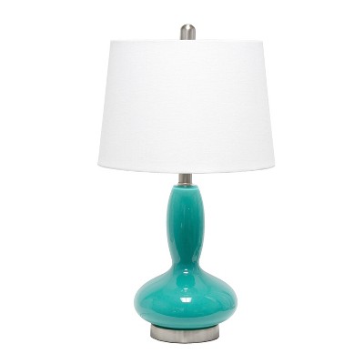 Teal Glass Gourd-Shaped Nightstand Lamp with White Fabric Shade