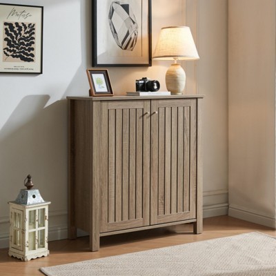 SKRAN Shoe cabinet storage cabinet entryway cabinet with two doors slat style vented doors metal knob handle four shelves Dark Taupe color