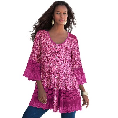 Roaman's Women's Plus Size Illusion Lace Big Shirt, 40 W - Dark Berry ...