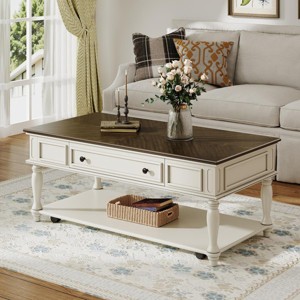 47.2" Farmhouse Coffee Table with Drawer and Lockable Wheels, White and Gray Center Table with Shelf for Living Room -3irtyhousy - 1 of 4