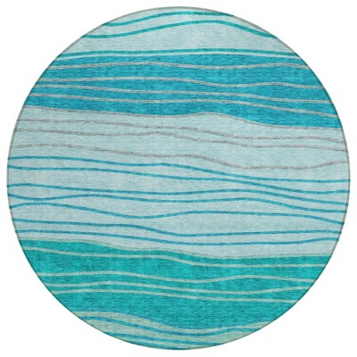 Sky Blue Teal Blue And Aqua Striped Washable Indoor Outdoor Area Rug