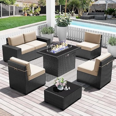 LayinSun 7 Pieces Outdoor Patio Furniture Set with 44" Fire Pit Table Rattan Sectional Sofa Conversation Sets