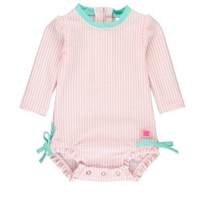RuffleButts Seersucker Terry Cover-Up - White With Pink Trim 12-18 Months Baby Girl Swim Cover