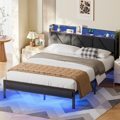 Furnulem Bed Frame with LED Lights, Headboard with Charging Station and USB Port,Upholstered Platform Bedframe Metal Support, No Box Spring Needed