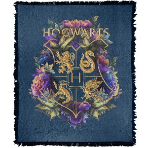 Harry Potter Hogwarts Floral Crest Blanket 50"x60" Woven Tapestry - 1 of 4