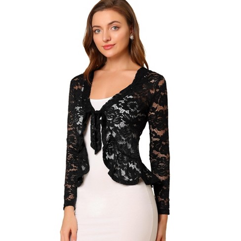 Allegra K Women s Tie Front Ruffled Hem Floral Lace Sheer Crop Bolero Shrug Black Medium Target