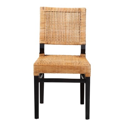 Natural Brown Rattan and Mahogany Wood Dining Chair