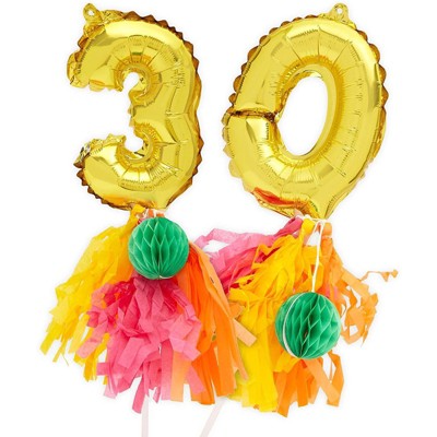 Sparkle and Bash Gold Foil Number 30 Balloons Cake Topper 7" with Tassels for 30th Birthday Party Decorations