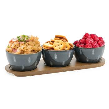 American Atelier 3 Stoneware Snack Bowls with Bamboo Serving Tray 4-Piece Snack Serving Set for Candy, Nuts, Chips and Dips Snack, Tray for Party