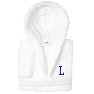 Personalized Linum Kids 100% Polyester SUPER PLUSH Double Brushed Hooded Bathrobe in Navy Bookman Font - 1 of 3