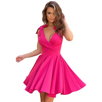 Womens Skater Dress Deep V Neck Faux Wrap A Line Dress for Night Date Semi Formal Sleeveless Dress Summer A Line Dress Skater Dress