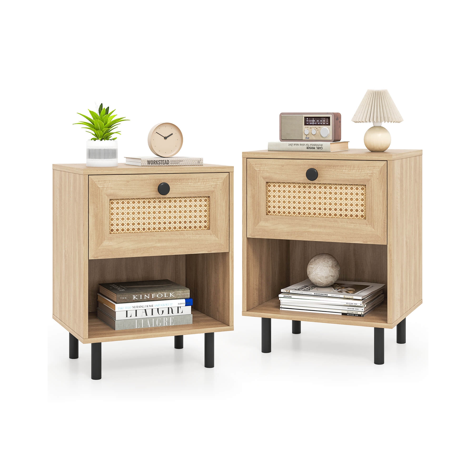 Costway 2 PCS Rattan Nightstand Boho End Table with Drawer & Open Shelf for Living Room Natural