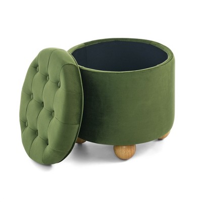FURNIinspire Ottomans And Benches Round Storage Ottoman Multi Functional Round Flannel Button Ottoman With Storage Space, Green, 18.50"*18.50"*18.10"
