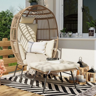 homfan Egg Chair Wicker Outdoor Chairs, Oversize Patio Chair Rattan Lounger Chair w/ 4 Cushions & Steel Frame Stand for Indoor Outdoor Patio Backyard