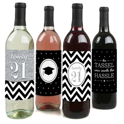 Big Dot of Happiness Silver Tassel Worth The Hassle - 2021 Graduation Party Decorations for Women and Men - Wine Bottle Label Stickers - Set of 4