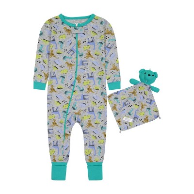 Image of Sleep On It Infant Boys Long Sleeve Super Soft Snuggle Jersey Zip-Up Coverall Pajama with Matching Blankey Buddy - Little Dino - Gray, Size: 18M
